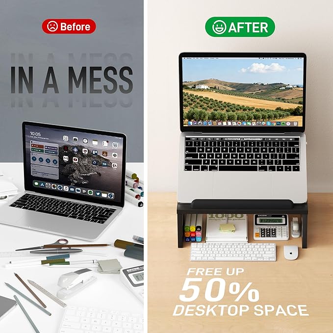 Adjustable Wood Laptop Stand with Storage Space - Notebook Organizer & Ergonomic Computer Riser, Wrist Rest Included, Compatible with 9.8-15'' Laptops (MacBook Air Pro/HP/Dell/Lenovo),Black