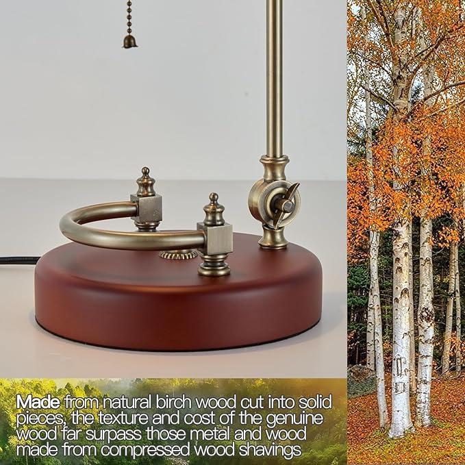 Bankers Lamp, Traditional Orange Desk Lamp with Solid Birch Wood Base, Orange Glass Antique Library Lamp with Pull Chain Switch, Plug in Vintage Bankers Desk Lamp for Office, Study Room 【E26 Socket】
