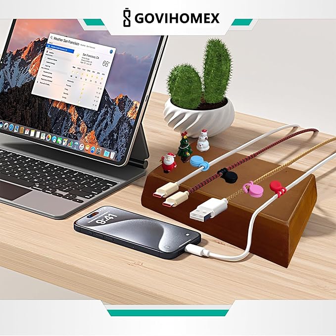 Magnetic Cord Holder Solid Wood Bigger Cable Organizer with 10pcs Magnet Clips for Charger Management on Desktop, Nightstand, or Side Table (Walnut)