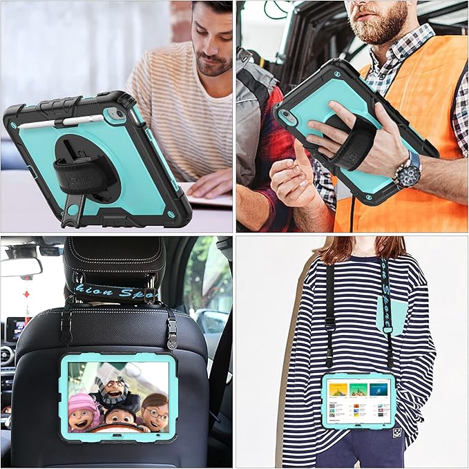 SEYMAC stock Case for iPad (A16) 11th/10th Generation 11''/10.9'' 2025/2022, Full-Body Drop Protection Case with Screen Protector &360° Rotate Hand Strap/Stand, Brightblue+Black