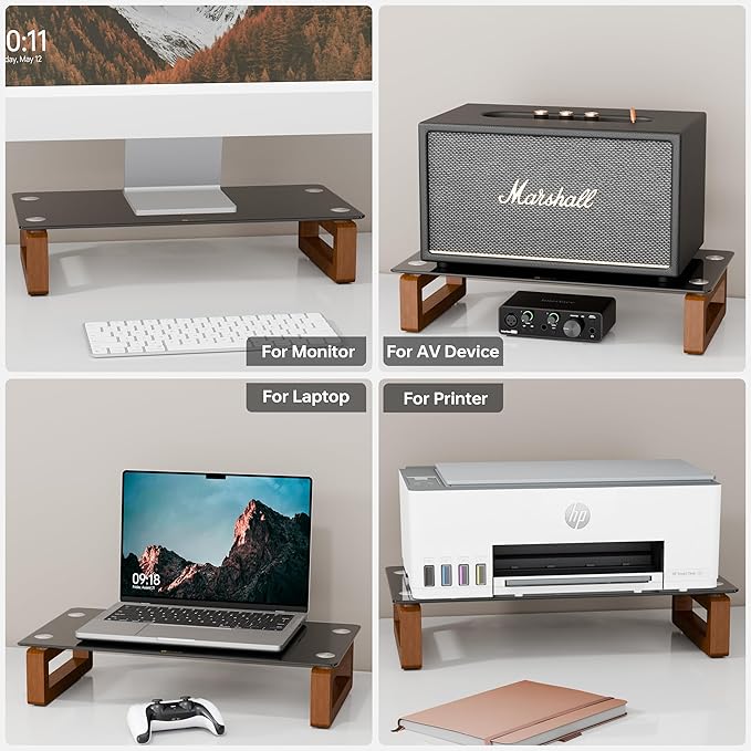 YEOUX Black Glass Computer Monitor Stand Riser with Wooden Base for Flat Screen LCD, LED TV, Laptop, Printer, Multi Media Desktop Stand, Office Supplies Desk Organization