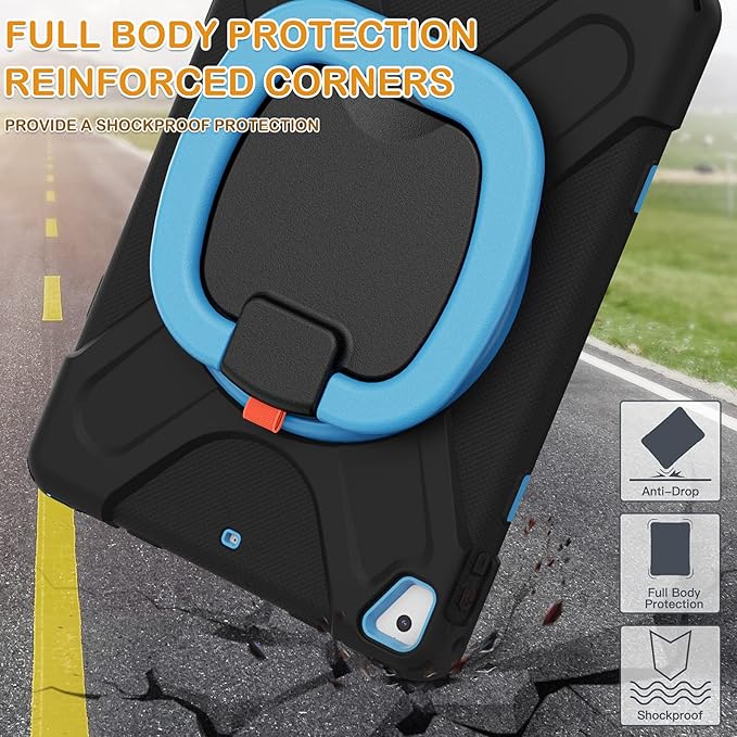 BRAECN Case for 9.7" iPad 6th/5th Generation, iPad Air 2 & iPad Pro 9.7-Inch, Heavy Duty Rugged Silicone Cover with 360 Rotating Handle Grip, Pencil Holder, Kickstand, Shoulder Strap - Black+Blue