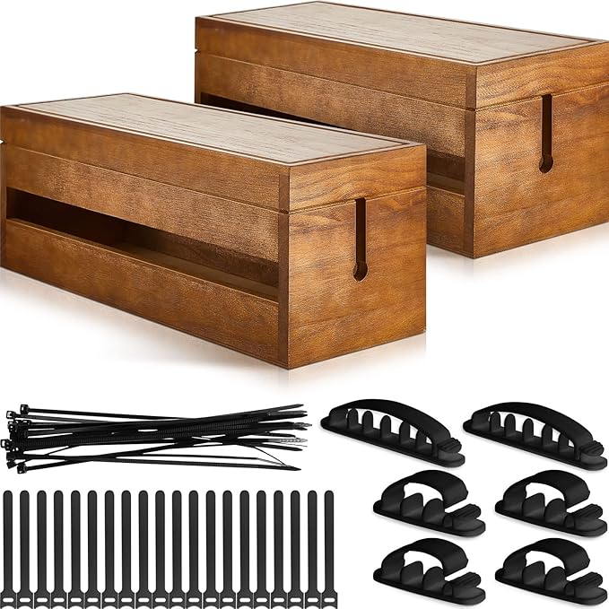 Hoteam 48 Pcs Wooden Cable Management Box Cable Organizer Box Set Power Strip Holder Cord Hider Clip Adhesive Management Ties Cord Sleeves for Desktop Home Office(Brown,Large)