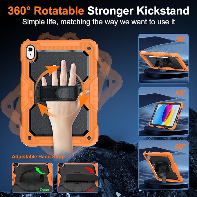 Case for iPad (A16) 11th Generation 11 Inch (2025), Ubearkk for iPad 10th Generation 10.9 inch 2022 case with Screen Protector, 360 Degree Rotating Stand/Shoulder Strap/Pencil Holder, Orange