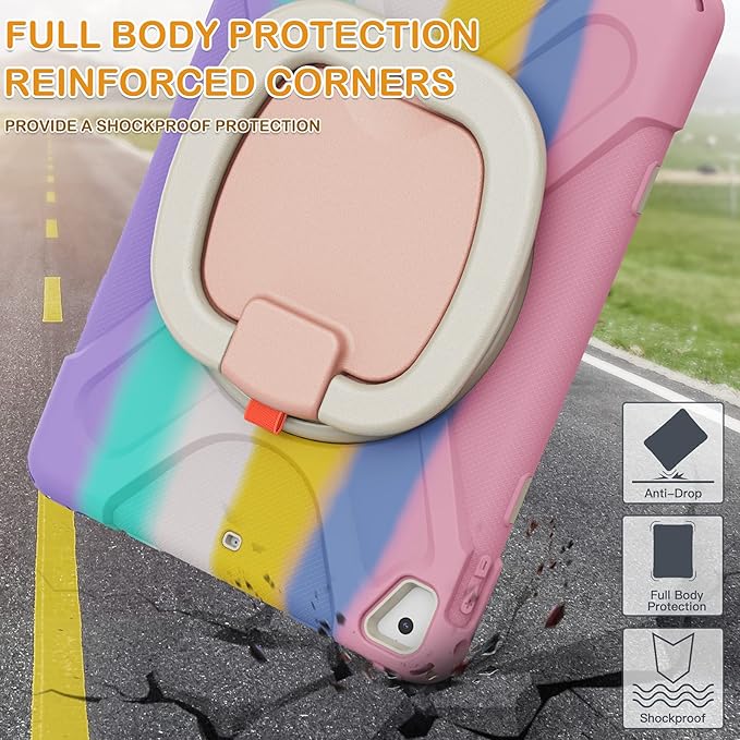 BRAECN for 9.7” iPad 6th/5th Generation Cases, iPad Air 2/ iPad Pro 9.7 Kids Case-Heavy Duty Silicone Cover with Stable Kickstand, Multi-Functional Grip, Carrying Strap, Pencil Holder-Colorful Pink