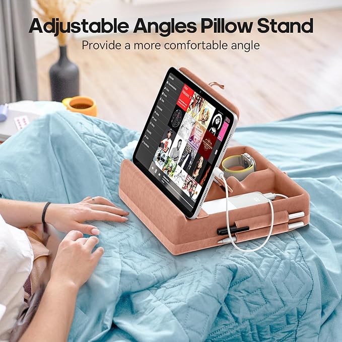 KDD Tablet Pillow Stand with Storage, Foldable iPad Holder for Bed, Lap and Desk, Angle Adjustable Soft Pad Dock with Stylus Mount Compatible with iPad Pro 12.9, 10.5, 11, Air, Mini, Phones, Books