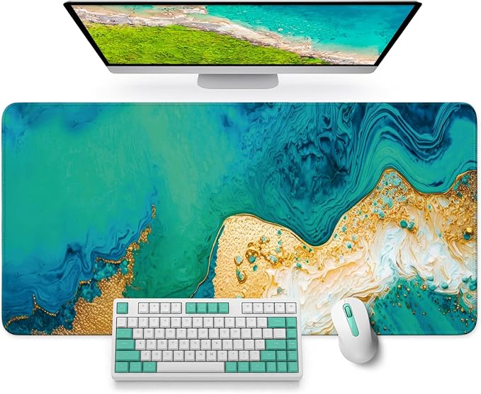 Large Mouse Pad for Desktop, Cute Desk Mat Pad Protector for Work & Gaming, Aesthetic Pretty Anti-Slip Laptop Blotter Cover for Office School Home Supplies, Emerald Shores, 31.5" x 11.8"