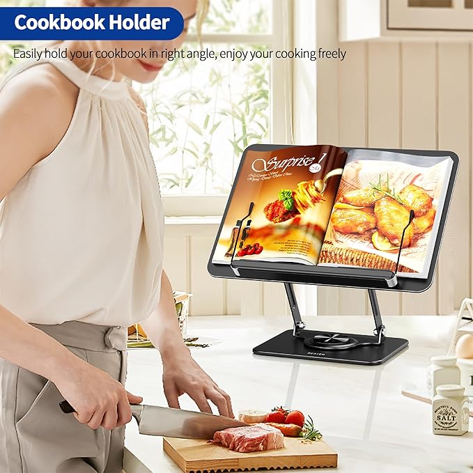 BESIGN BS02 Book Stand for Reading, Adjustable Book Holder, Ergonomic Laptop Stand with Elastic Page Clips for Music Scores, Recipe, Tablet (Black)