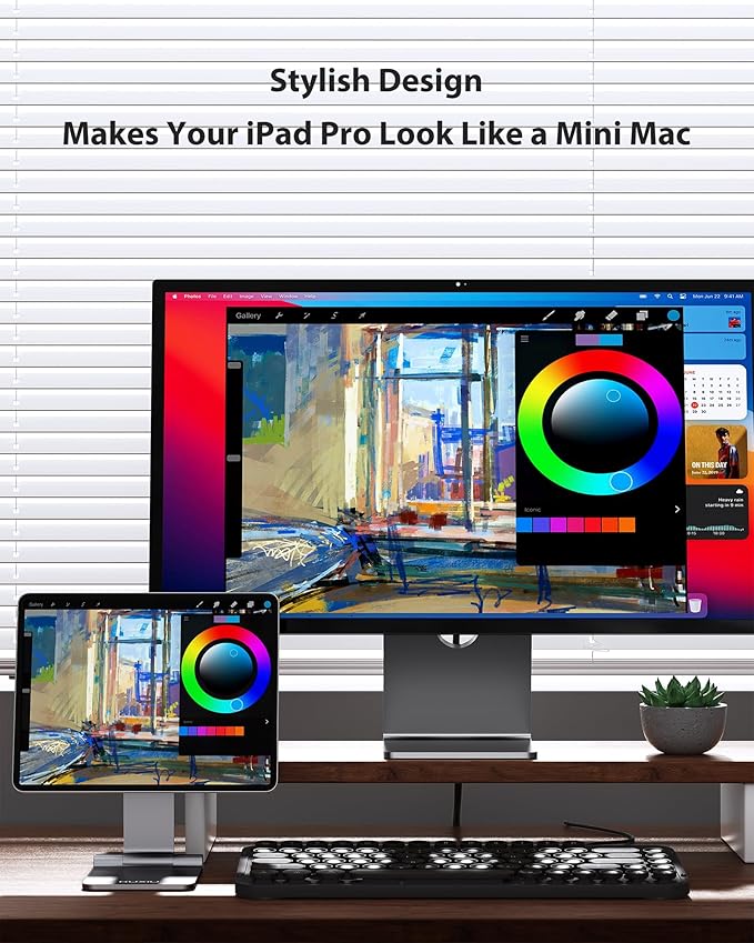 KU XIU Magnetic Wireless Charging Stand Only Compatible with iPad Air 13 M2 / M3, iPad Pro 12.9 6th/5th/4th/3rd, Aluminum Alloy Foldable Tablet Holder, Adjustable Desk Stand Mount with 1M Cable