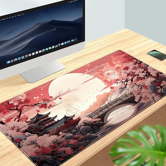 Pink Full Moon Desk Mat Japanese Sakura Blossom Large Mouse Pad Extended Japan Aesthetic Gaming Mousepad XXL Keyboard Pad Mouse Mat 31.5''X15.7'' Desk Pad Office Decor