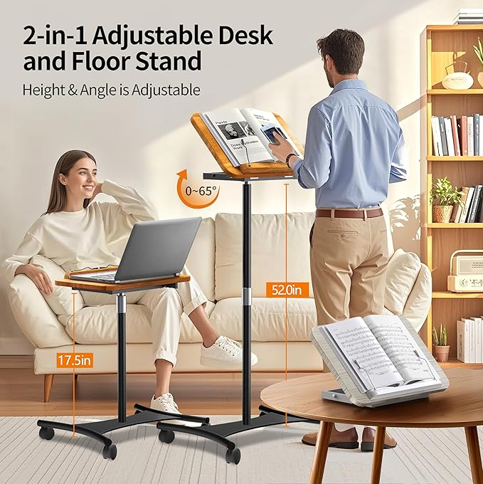 NAMON Laptop Floor Stand with Wheels - 2 in 1 Dual-use Floor & Desk Stand, Solid Wood and Height Adjustable from 16.5" to 51", Stable Small Standing Desk for Office, Home, Study