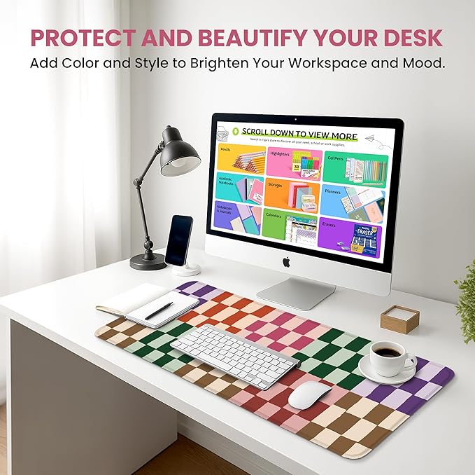 Large Mouse Pad for Desktop, Cute Desk Mat Pad Protector for Work & Gaming, Aesthetic Pretty Anti-Slip Laptop Blotter Cover for Office School Home Supplies, Checkered, 35.4" x 15.7"