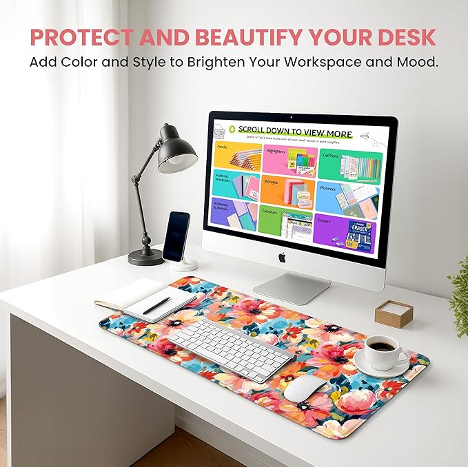 Large Mouse Pad for Desktop, Cute Desk Mat Pad Protector for Work & Gaming, Aesthetic Pretty Anti-Slip Laptop Blotter Cover for Office School Home Supplies, Pastel Garden, 31.5" x 11.8"
