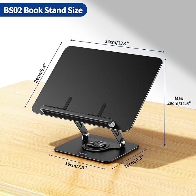 BESIGN BS02 Book Stand for Reading, Adjustable Book Holder, Ergonomic Laptop Stand with Elastic Page Clips for Music Scores, Recipe, Tablet (Black)