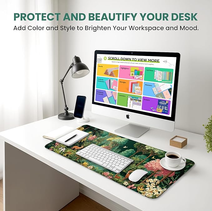 Large Mouse Pad for Desktop, Cute Desk Mat Pad Protector for Work & Gaming, Aesthetic Pretty Anti-Slip Laptop Blotter Cover for Office School Home Supplies, Enchanted Grove, 31.5" x 11.8"
