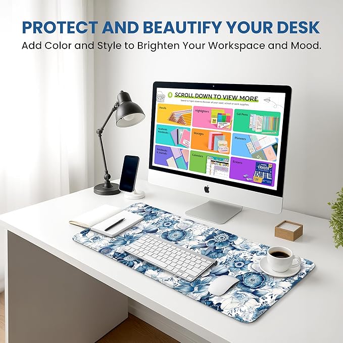 Large Mouse Pad for Desktop, Cute Desk Mat Pad Protector for Work & Gaming, Aesthetic Pretty Anti-Slip Laptop Blotter Cover for Office School Home Supplies, Blue Floral, 31.5" x 11.8"