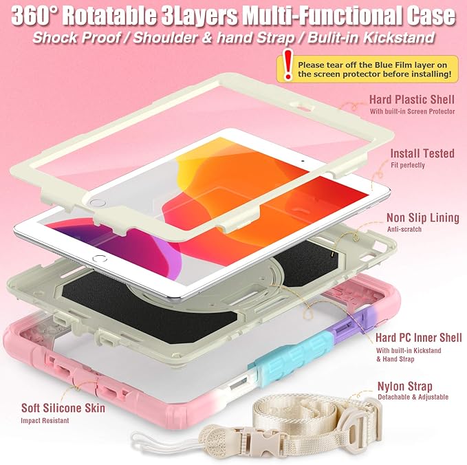 SEYMAC stock Case for iPad 9th/ 8th/ 7th Generation 10.2'', Shockproof with Screen Protector, Pencil Holder [360° Rotating Hand Strap] & Stand, for iPad 10.2 inch 2021-2019 (Yellowish+Pink)