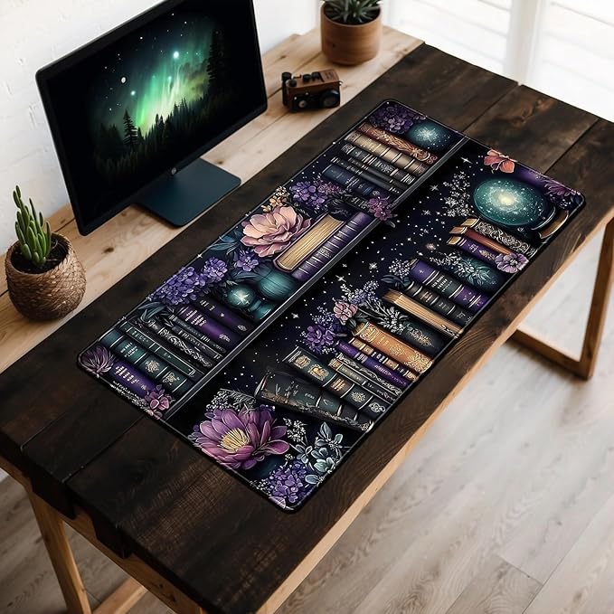 Purple Flowers Bookshelf Desk Mat Bookish Desk Pad Celestial Floral Books Large Mouse Pad XXL Extended Mousepad Aesthetic Keyboard Pad Crystal Globe Mouse Mat 31.5x15.7 in Office Decor for Women