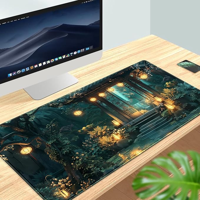 Lofi Desk Mat Japanese Large Mouse Pad Extended Gaming Mousepad XXL Computer Laptop Keyboard Pad Big Mouse Mat Green Aesthetic Desk Pad Office Decor 31.5x15.7 in