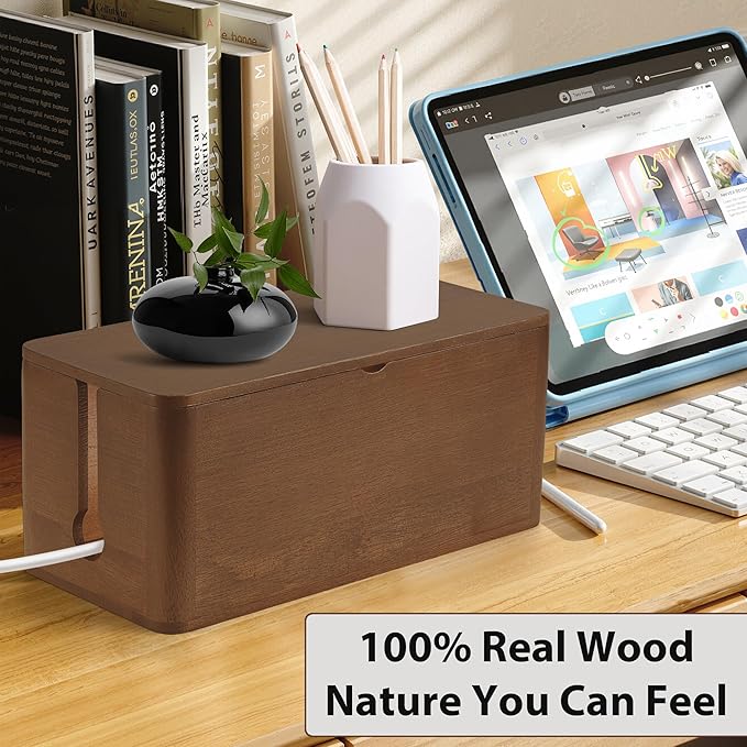ZhiYo Wood Cable Management Box, Large Cord Organizer Box for Power Strip, Extension Cord Hider for Office, Desk Cable Storage Box for Wire Management, Floor Outlet Hider, 14.2" L × 6.7" W × 6.3" H