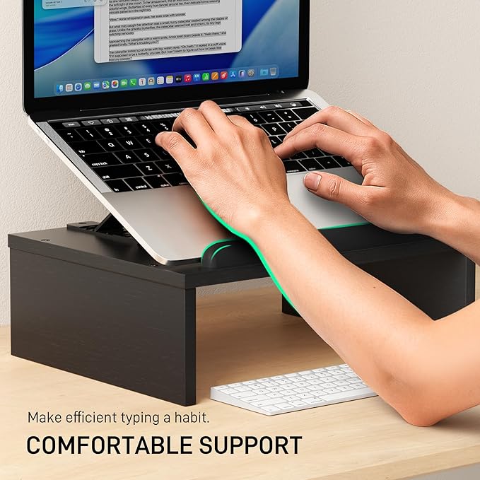 Adjustable Wood Laptop Stand with Storage Space - Notebook Organizer & Ergonomic Computer Riser, Wrist Rest Included, Compatible with 9.8-15'' Laptops (MacBook Air Pro/HP/Dell/Lenovo),Black