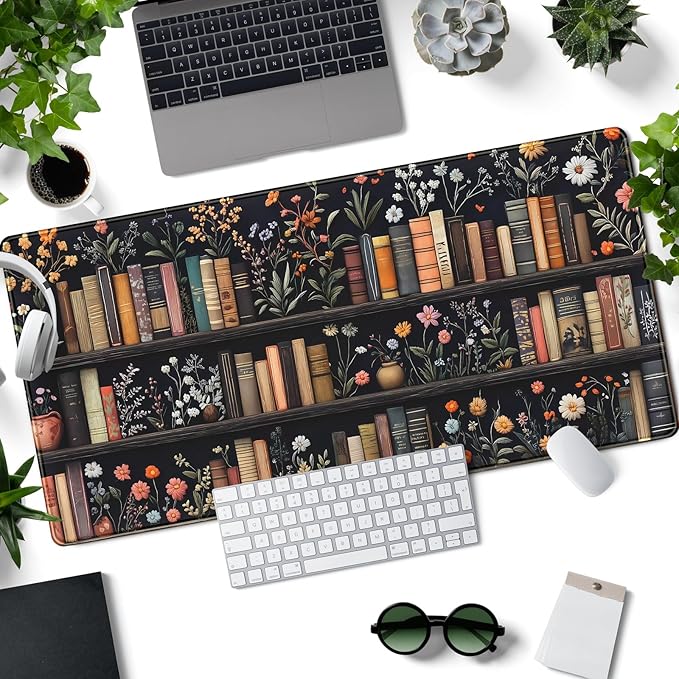 Bookish Desk Mat Floral Bookshelf Desk Pad Faux Embroidery Large Mouse Pad XXL Book Lovers Gift Extended Gaming Mousepad Flower Aesthetic Keyboard Pad Mouse Mat 31.5x15.7 in Office Decor for Women