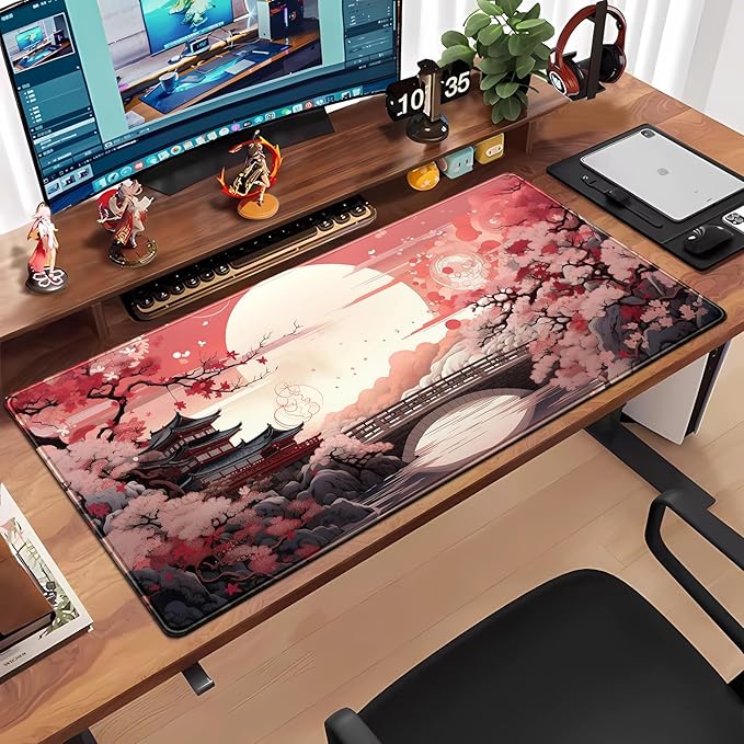 Pink Full Moon Desk Mat Japanese Sakura Blossom Large Mouse Pad Extended Japan Aesthetic Gaming Mousepad XXL Keyboard Pad Mouse Mat 31.5''X15.7'' Desk Pad Office Decor