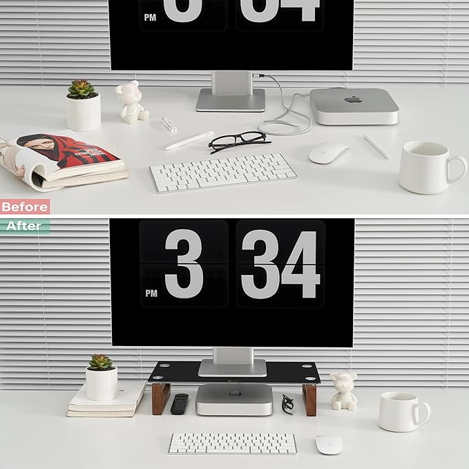 YEOUX Black Glass Computer Monitor Stand Riser with Wooden Base for Flat Screen LCD, LED TV, Laptop, Printer, Multi Media Desktop Stand, Office Supplies Desk Organization