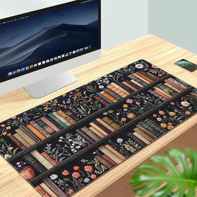 Bookish Desk Mat Floral Bookshelf Desk Pad Faux Embroidery Large Mouse Pad XXL Book Lovers Gift Extended Gaming Mousepad Flower Aesthetic Keyboard Pad Mouse Mat 31.5x15.7 in Office Decor for Women