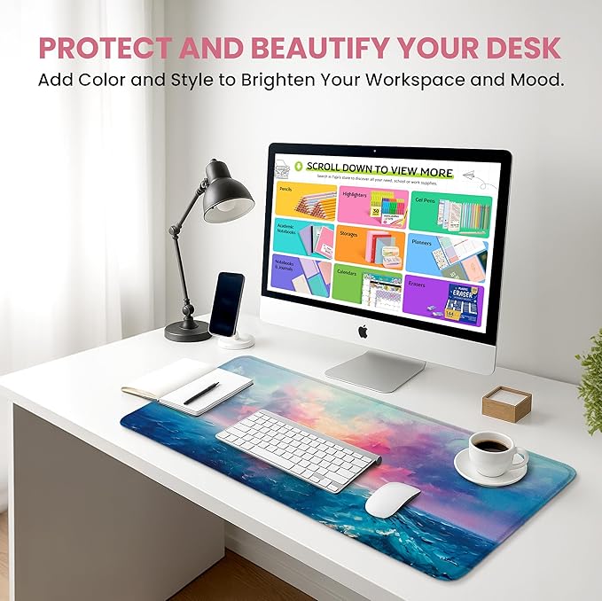 Large Mouse Pad for Desktop, Cute Desk Mat Pad Protector for Work & Gaming, Aesthetic Pretty Anti-Slip Laptop Blotter Cover for Office School Home Supplies, Sunset, 35.4" x 15.7"