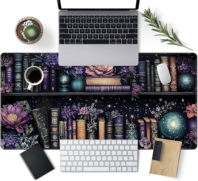 Purple Flowers Bookshelf Desk Mat Bookish Desk Pad Celestial Floral Books Large Mouse Pad XXL Extended Mousepad Aesthetic Keyboard Pad Crystal Globe Mouse Mat 31.5x15.7 in Office Decor for Women