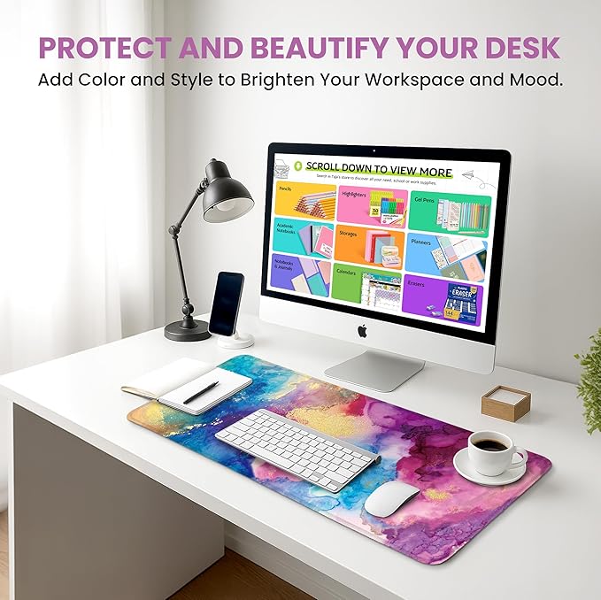 Large Mouse Pad for Desktop, Cute Desk Mat Pad Protector for Work & Gaming, Aesthetic Pretty Anti-Slip Laptop Blotter Cover for Office School Home Supplies, Color Splash, 31.5" x 11.8"