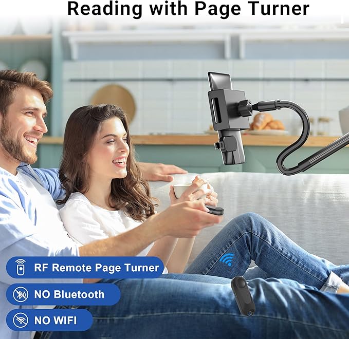 Foldable Tablet Holder for Kindle Reading in Bed with Remote Page Turner, No Stiff Easy Adjust Flexible Tablet Arm Desk Holder, Ereader Accessories for Kindle Paperwhite/Scribe/Oasis, iPad, Phone
