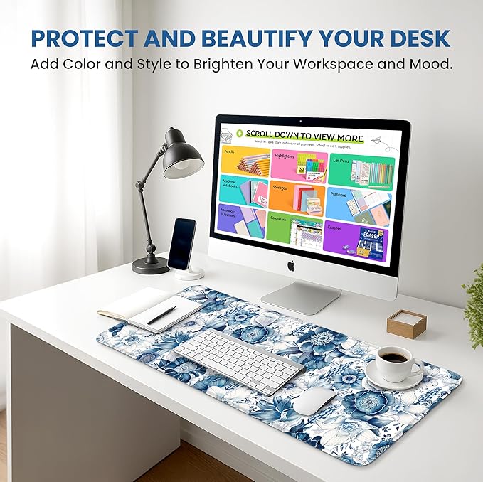 Large Mouse Pad for Desktop, Cute Desk Mat Pad Protector for Work & Gaming, Aesthetic Pretty Anti-Slip Laptop Blotter Cover for Office School Home Supplies, Blue Floral, 35.4" x 15.7"