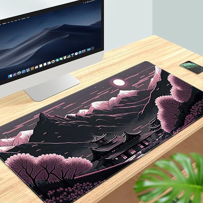 Sakura Blossom Desk Mat Japanese Scenery Mountain Large Mouse Pad XXL Extended Gaming Mousepad Japan Black Pink Aesthetic Desk Pad Keyboard Mouse Mat 31.5''X15.7'' Desk Decor