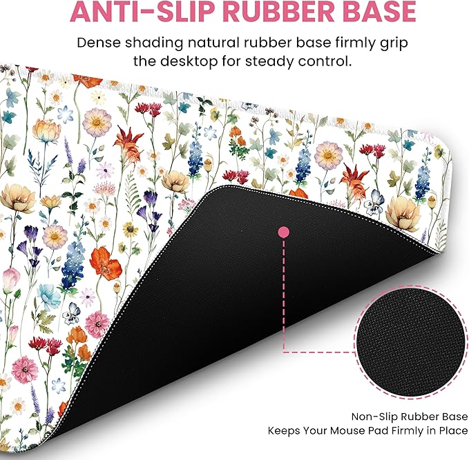 Large Mouse Pad for Desktop, Cute Desk Mat Pad Protector for Work & Gaming, Aesthetic Pretty Anti-Slip Laptop Blotter Cover for Office School Home Supplies, Wildflowers, 31.5" x 11.8"