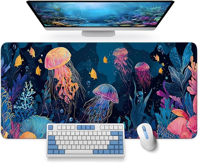 Large Mouse Pad for Desktop, Cute Desk Mat Pad Protector for Work & Gaming, Aesthetic Pretty Anti-Slip Laptop Blotter Cover for Office School Home Supplies, Jellyfish, 31.5" x 11.8"