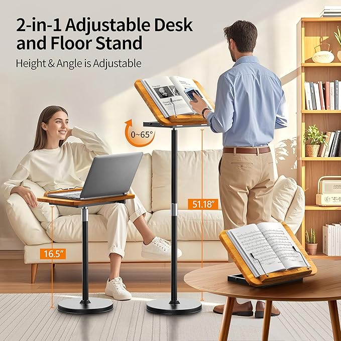 2 in 1 Dual-use Laptop Floor Stand & Laptop Stand for Desk, Solid Wood Portable Small Standing Desk with Adjustable Height from 16.5" to 51", Tall Portable Table for Office, Home, Study, Entertainment