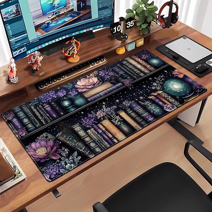 Purple Flowers Bookshelf Desk Mat Bookish Desk Pad Celestial Floral Books Large Mouse Pad XXL Extended Mousepad Aesthetic Keyboard Pad Crystal Globe Mouse Mat 31.5x15.7 in Office Decor for Women