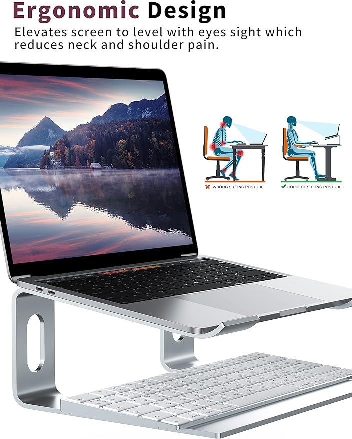 ALASHI Laptop Stand for Desk, Aluminum Computer Riser, Ergonomic Notebook Holder, Detachable Metal Laptops Elevator, PC Cooling Mount Support 10 to 15.6 Inches Notebook, Silver