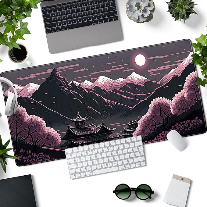 Sakura Blossom Desk Mat Japanese Scenery Mountain Large Mouse Pad XXL Extended Gaming Mousepad Japan Black Pink Aesthetic Desk Pad Keyboard Mouse Mat 31.5''X15.7'' Desk Decor