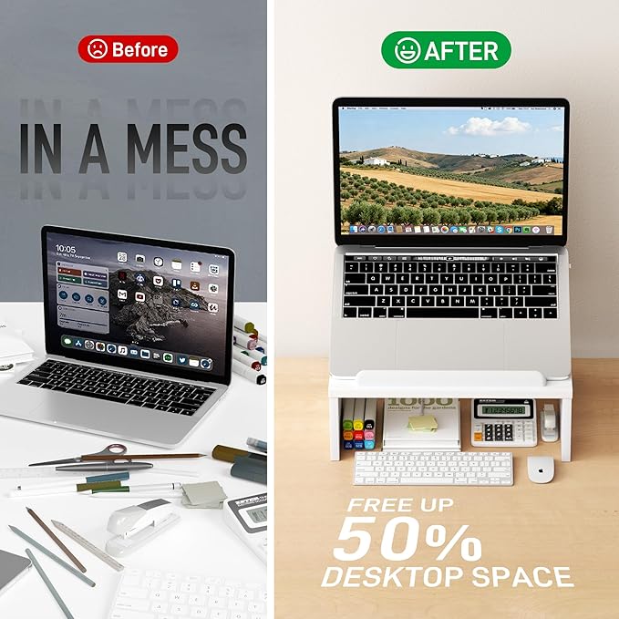 Adjustable Wood Laptop Stand with Storage Space - Notebook Organizer & Ergonomic Computer Riser, Wrist Rest Included, Compatible with 9.8-15'' Laptops (MacBook Air Pro/HP/Dell/Lenovo),White