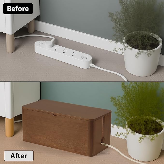 ZhiYo Wood Cable Management Box, Large Cord Organizer Box for Power Strip, Extension Cord Hider for Office, Desk Cable Storage Box for Wire Management, Floor Outlet Hider, 14.2" L × 6.7" W × 6.3" H