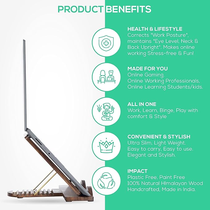 Wooden Foldable & Adjustable Laptop Riser | Ergonomic Mango Wood Laptop Stand | Portable Multi-Angle Notebook Holder for 7.9 to 12.9 Inch Laptops & Tablets