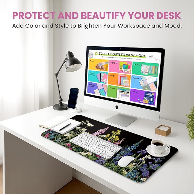 Large Mouse Pad for Desktop, Cute Desk Mat Pad Protector for Work & Gaming, Aesthetic Pretty Anti-Slip Laptop Blotter Cover for Office School Home Supplies, Starlit Petals, 31.5" x 11.8"