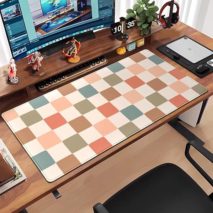 Boho Checker Desk Mat Beige Checkerboard Mouse Pad Large Aesthetic Desk Pad Extended Gaming Mousepad XXL Keyboard Pad Computer Laptop Mouse Mat Office Desktop Decor Pad 31.5x15.7 in