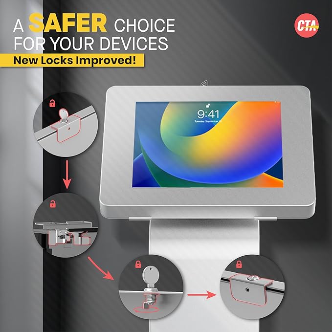 Premium Kiosk Floor Stand – CTA Locking Support Base Kiosk for iPad 11 (A16) - Pro 11-inch M4 - Air 11-inch M3- iPad 10th Gen - Galaxy Tab & More Tablets - Silver - (PAD-PARAFS)
