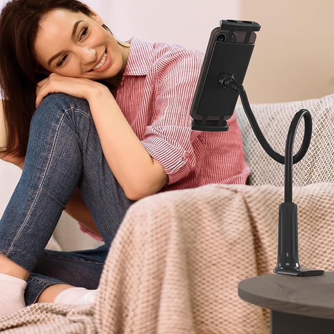 LEVO Clamping Gooseneck Phone and Tablet Mount Holder with Flexible Long Arm – Ideal for Desk, Office, Bedside, Headboard, Kitchen Counter, Boat, RV, and More - Black