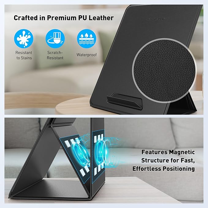 AboveTEK Ergonomic Laptop Stand & Tablet Holder for Desk,Portable Foldable Computer Riser,Adjustable Angle Travel Stand for MacBook Air/Pro,iPad,Fits 13-16 inch Devices,Ultra-Sleek PU Leather-(Black)