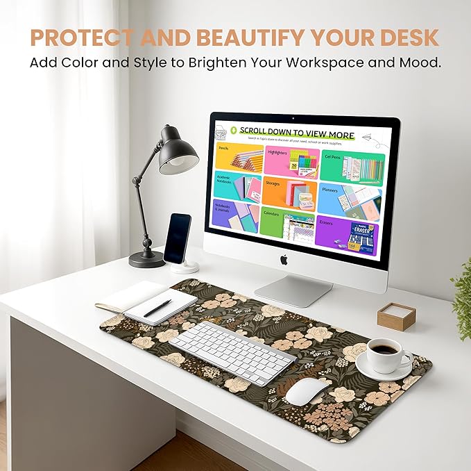 Large Mouse Pad for Desktop, Cute Desk Mat Pad Protector for Work & Gaming, Aesthetic Pretty Anti-Slip Laptop Blotter Cover for Office School Home Supplies, Wild Rose, 31.5" x 11.8"